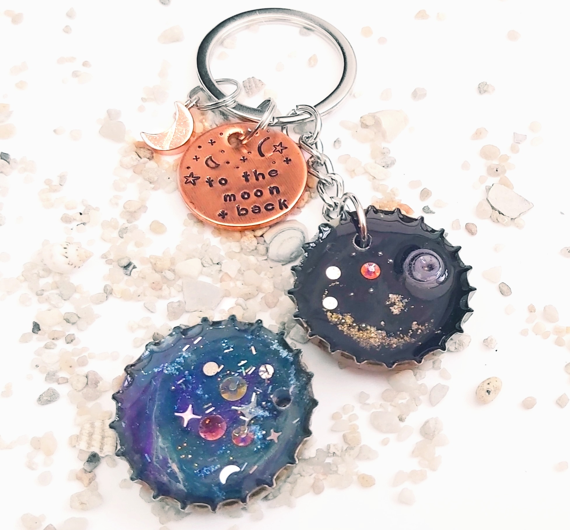 To The Moon And Back Galaxy Bottle Top Keyrings