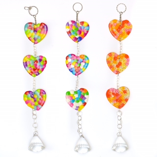 Suncatcher Triple Colourful Heart Mobile With Large Crystal Glass Prism Drop