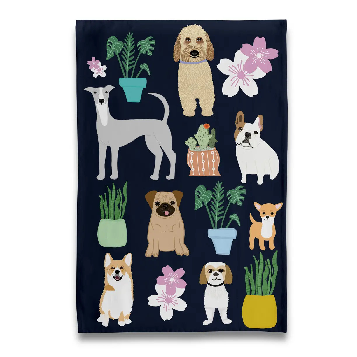 Dogs With Plants Tea Towel